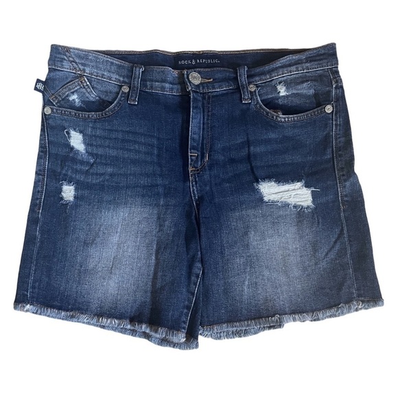 Rock & Republic Bumpershoot Dark Wash Distressed Denim Shorts Size 12 - Picture 1 of 6